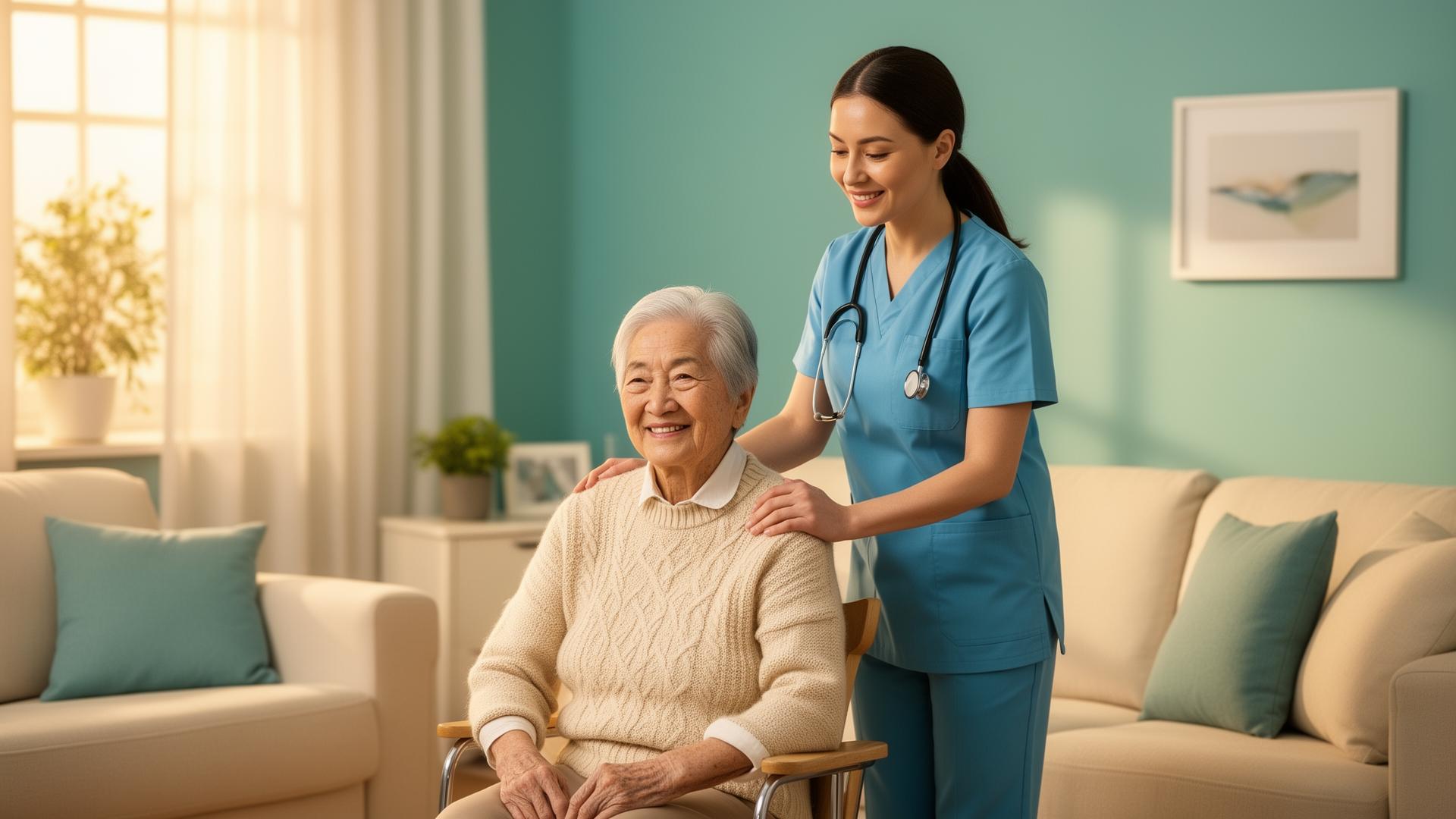 Compassionate caregiver helping elderly person in Houston, TX